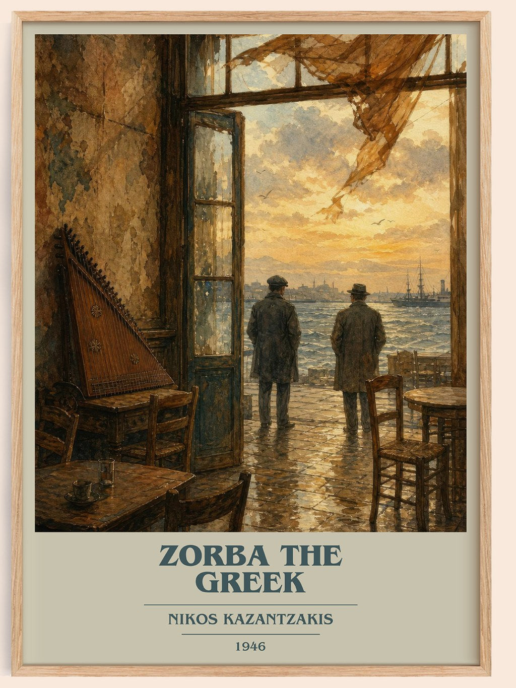 Zorba the Greek book cover book poster by Nikos Kazantzakis – framed literary art print