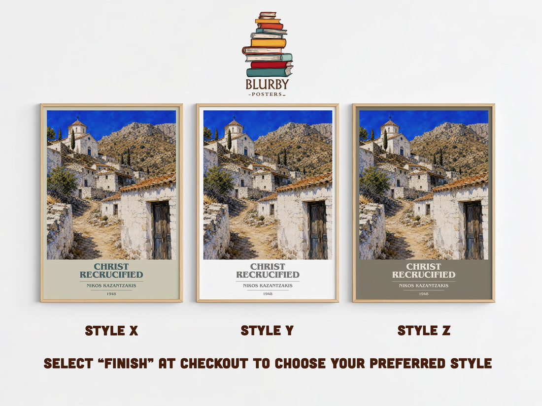 Christ Recrucified book cover print in frame leaning in hallway – literary fiction wall art (mockup)