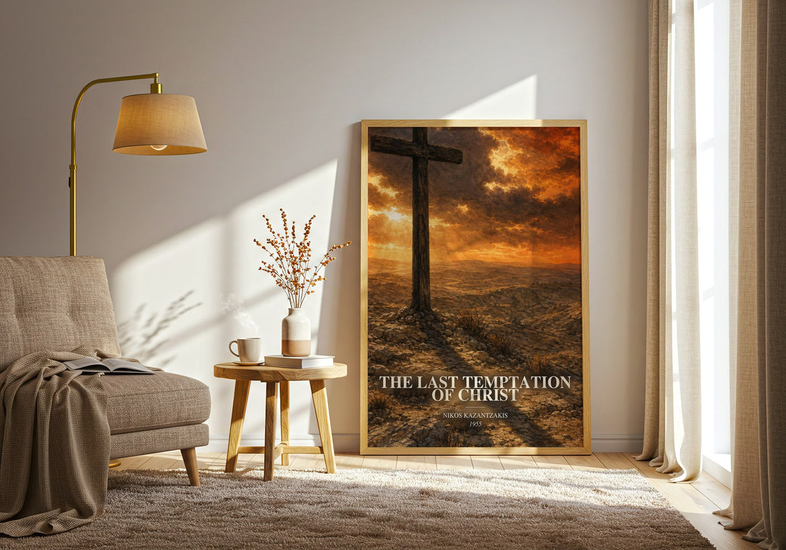 The Last Temptation of Christ watercolour print in frame leaning in hallway – philosophy wall art (mockup)