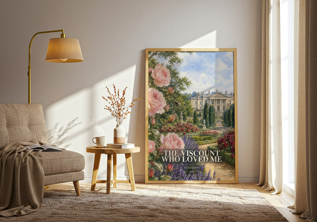 The Viscount Who Loved Me watercolour print in frame leaning in hallway – romance wall art (mockup)
