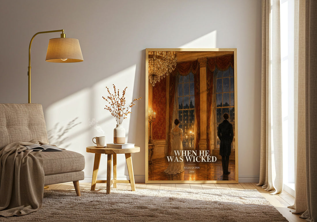 When He Was Wicked watercolour print in frame leaning in hallway – romance wall art (mockup)