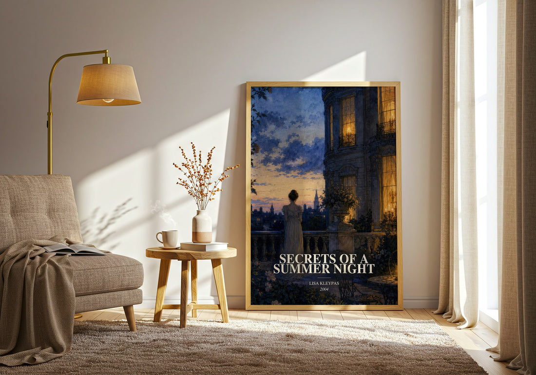 Secrets of a Summer Night watercolour print in frame leaning in hallway – romance wall art (mockup)
