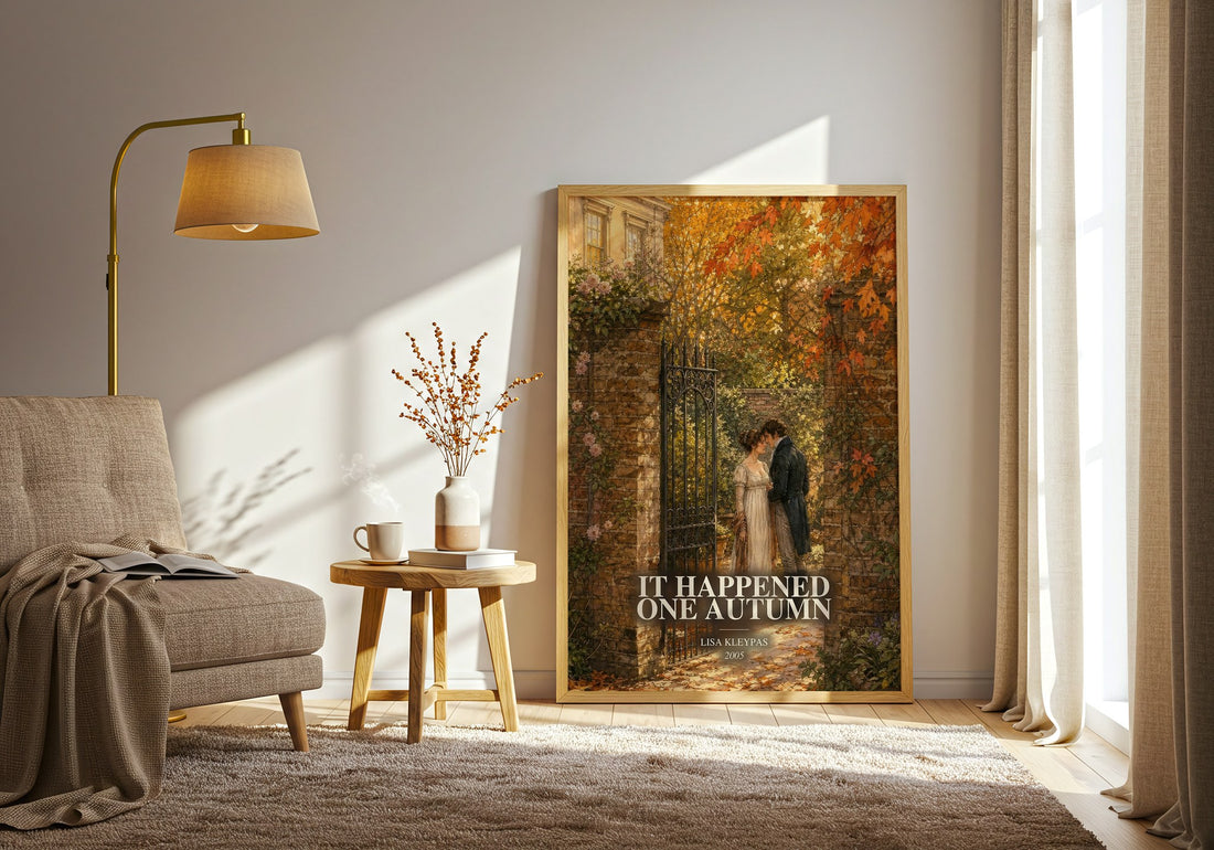It Happened One Autumn watercolour print in frame leaning in hallway – romance wall art (mockup)