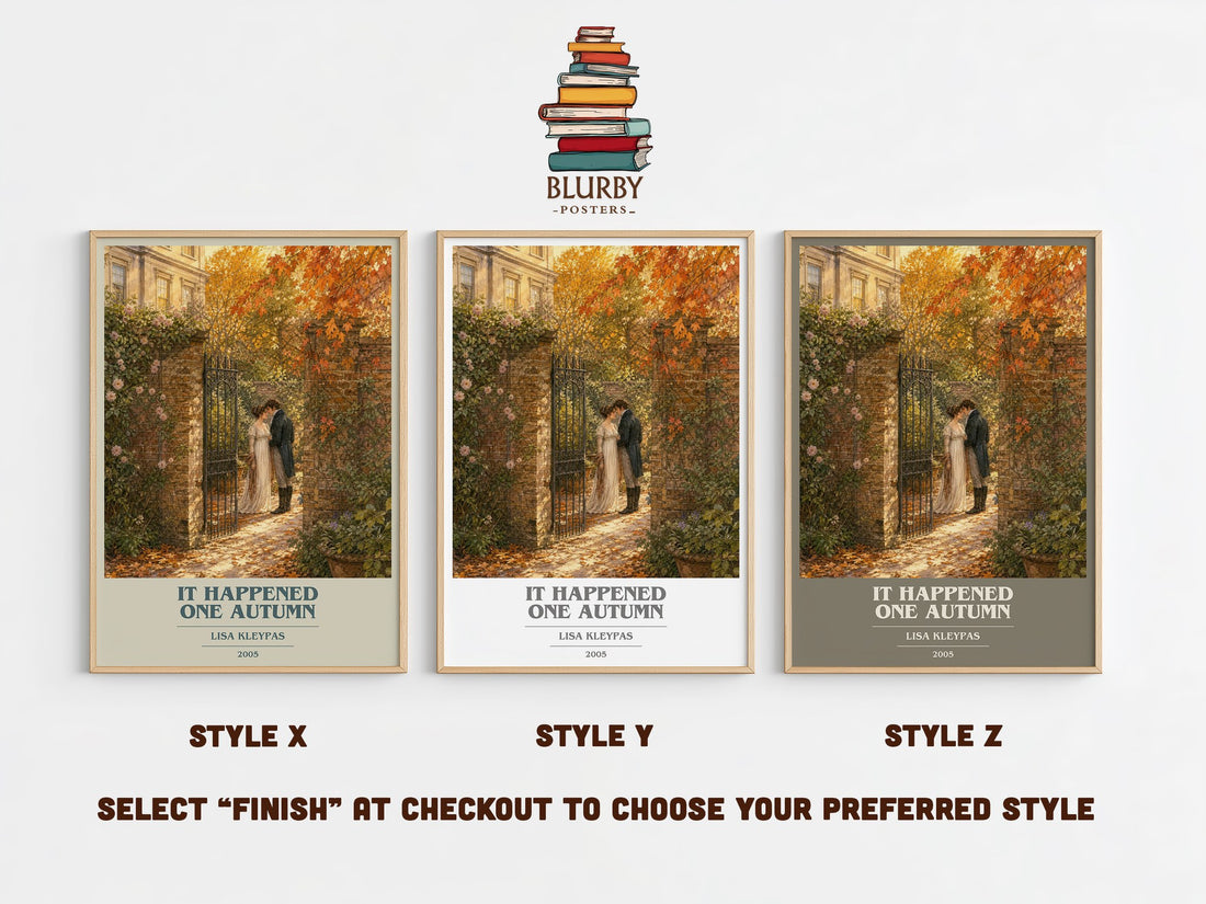 It Happened One Autumn book cover print in frame leaning in hallway – romance wall art (mockup)