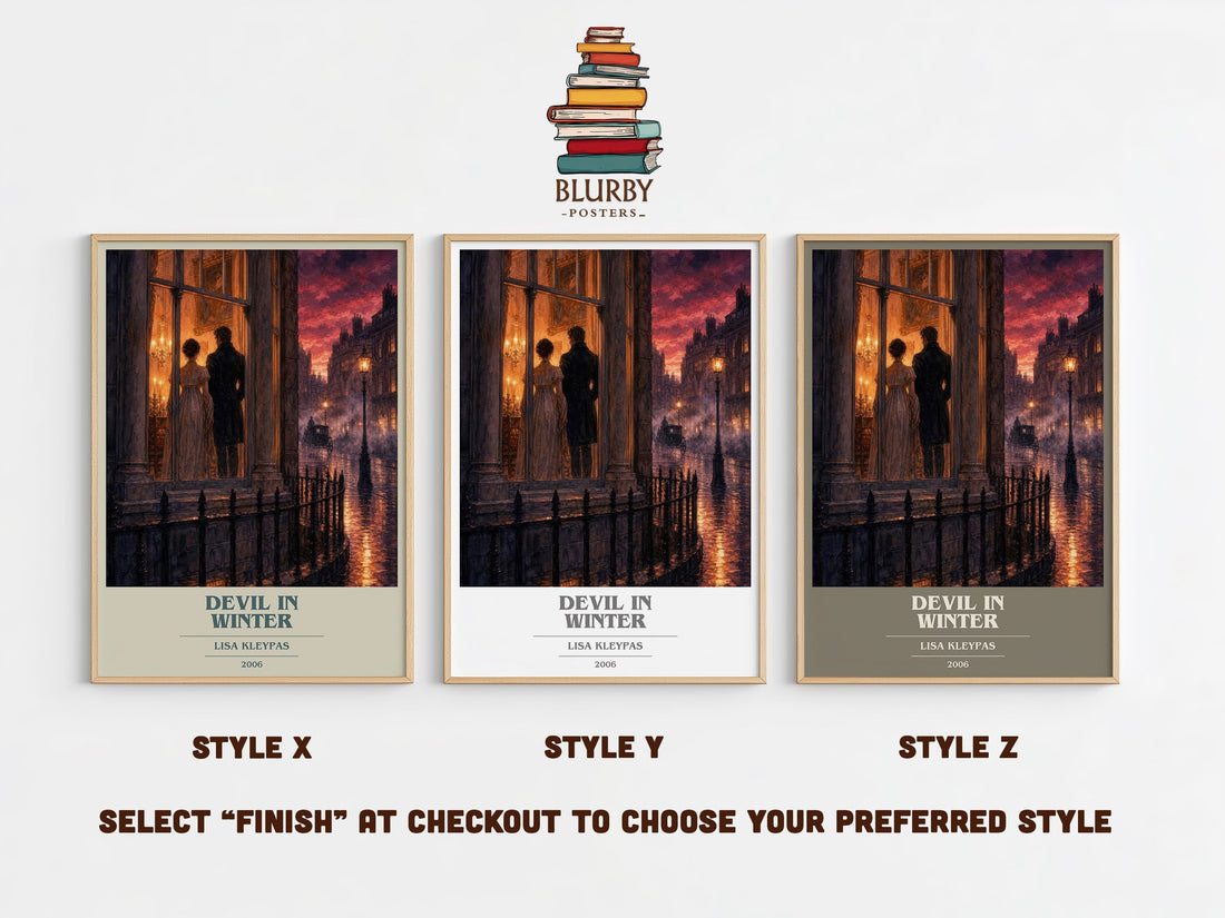 Devil in Winter book cover print in frame leaning in hallway – romance wall art (mockup)