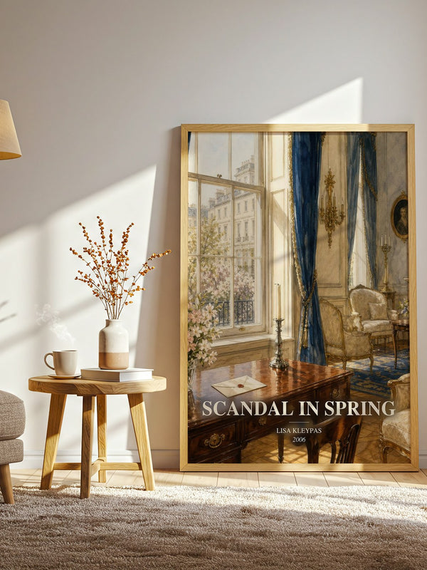 Scandal in Spring watercolour print in frame leaning in hallway – romance wall art