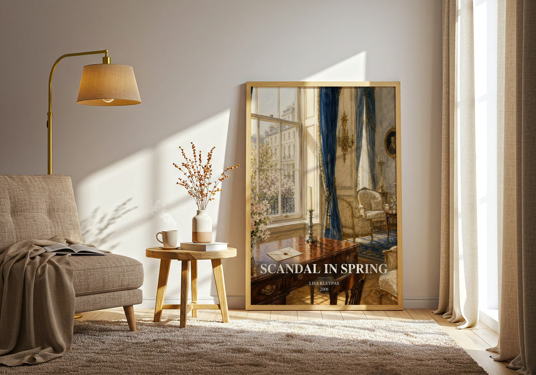 Scandal in Spring watercolour print in frame leaning in hallway – romance wall art (mockup)