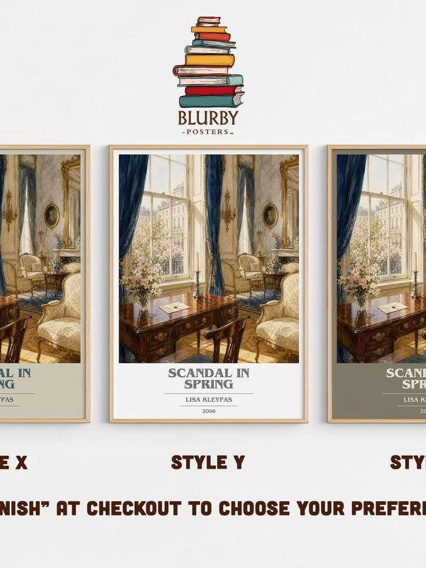 Scandal in Spring book cover print in frame leaning in hallway – romance wall art
