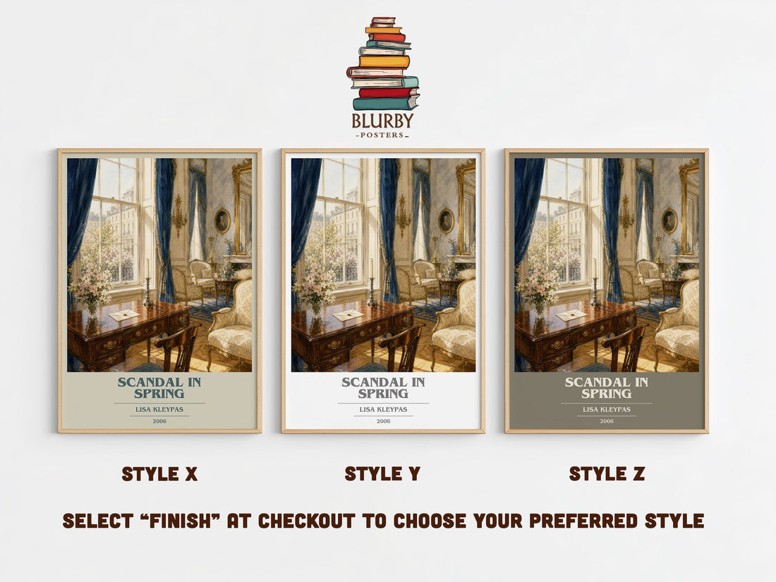 Scandal in Spring book cover print in frame leaning in hallway – romance wall art (mockup)