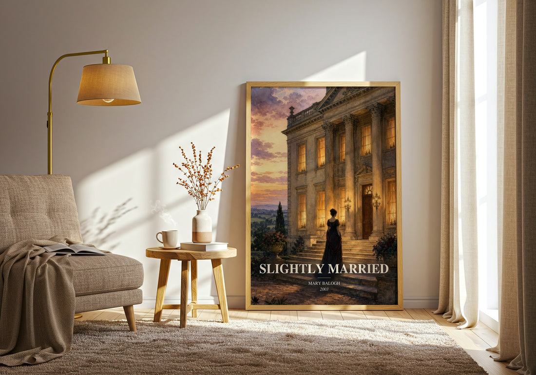 Slightly Married watercolour print in frame leaning in hallway – romance wall art (mockup)