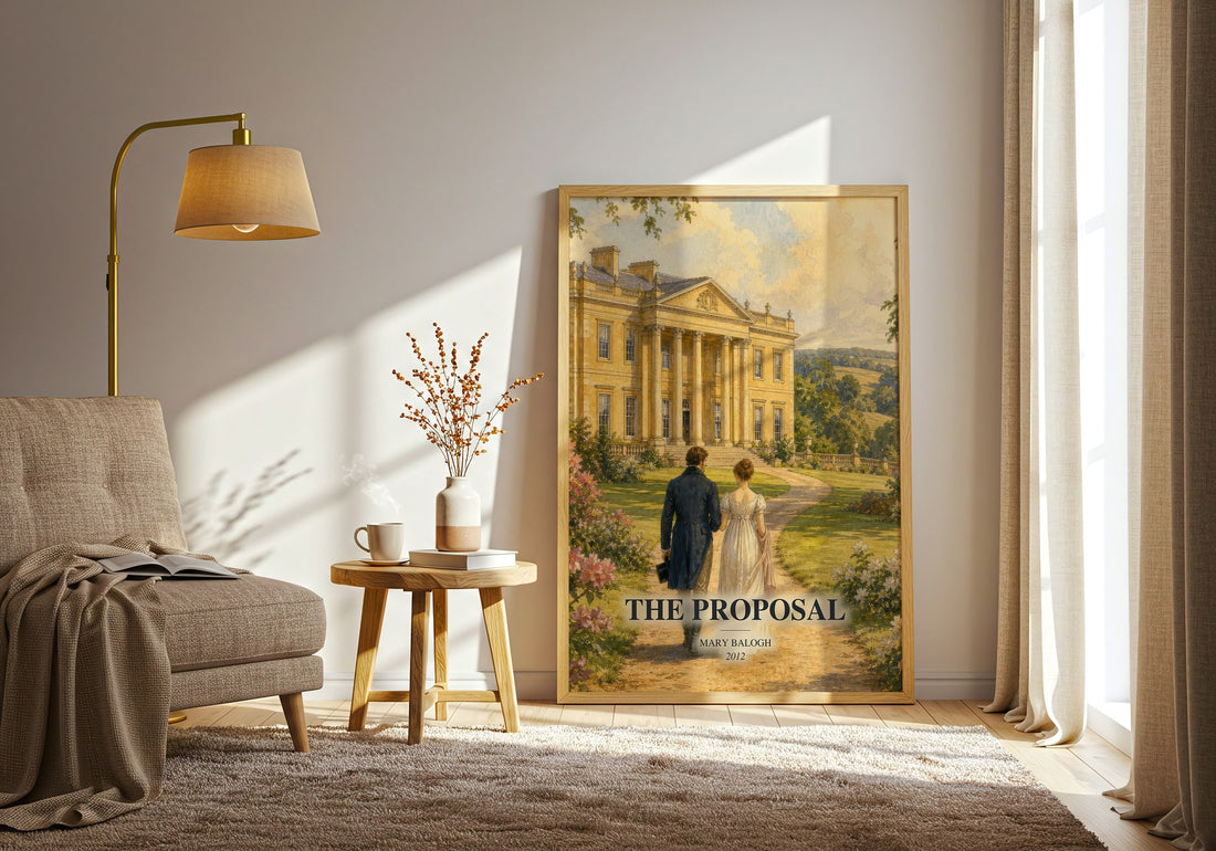 The Proposal watercolour print in frame leaning in hallway – romance wall art (mockup)