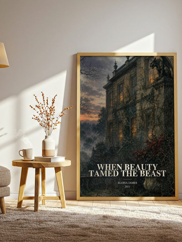 When Beauty Tamed the Beast watercolour print in frame leaning in hallway – romance wall art