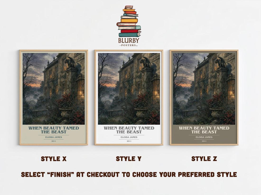 When Beauty Tamed the Beast book cover print in frame leaning in hallway – romance wall art (mockup)