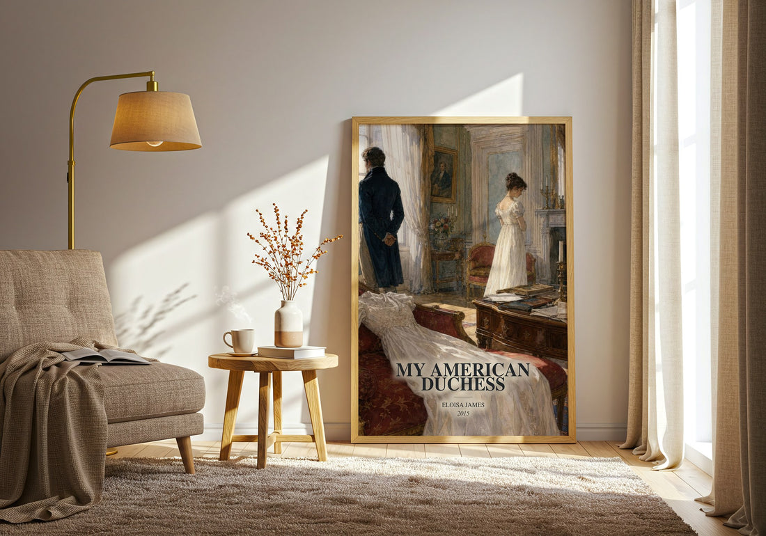 My American Duchess watercolour print in frame leaning in hallway – romance wall art (mockup)