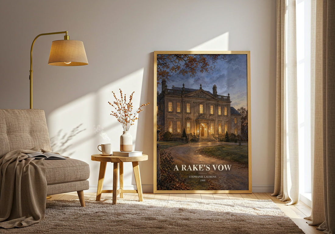 A Rake's Vow watercolour print in frame leaning in hallway – romance wall art (mockup)
