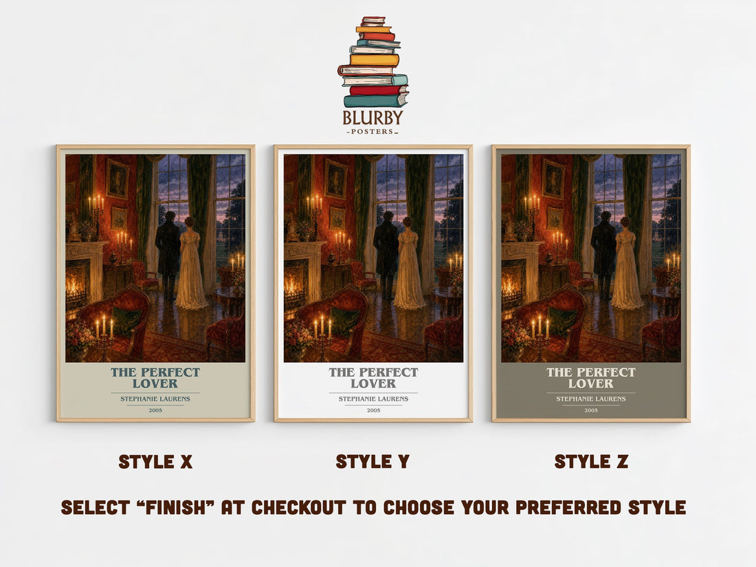 The Perfect Lover book cover print in frame leaning in hallway – romance wall art (mockup)