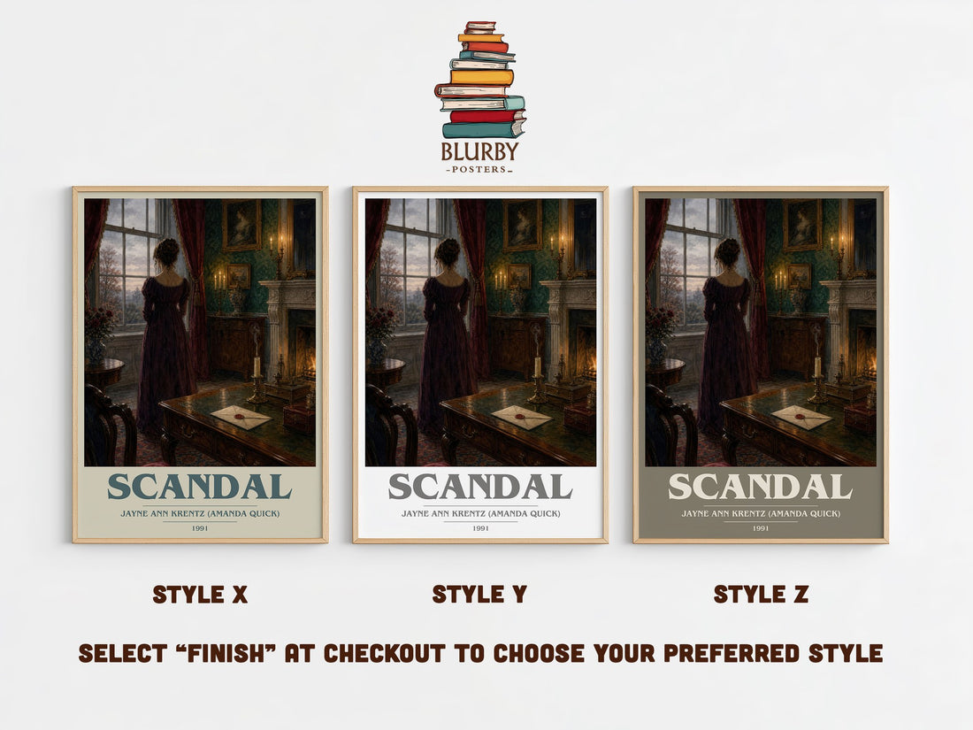 Scandal book cover print in frame leaning in hallway – romance wall art (mockup)
