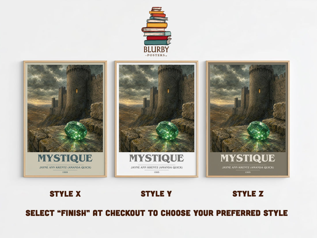 Mystique book cover print in frame leaning in hallway – romance wall art (mockup)