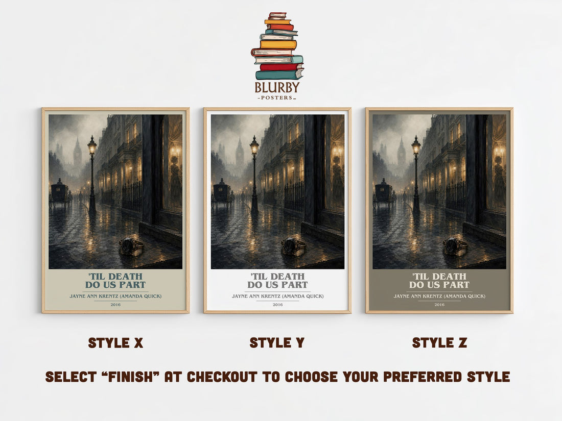 'Til Death Do Us Part book cover print in frame leaning in hallway – thriller wall art (mockup)