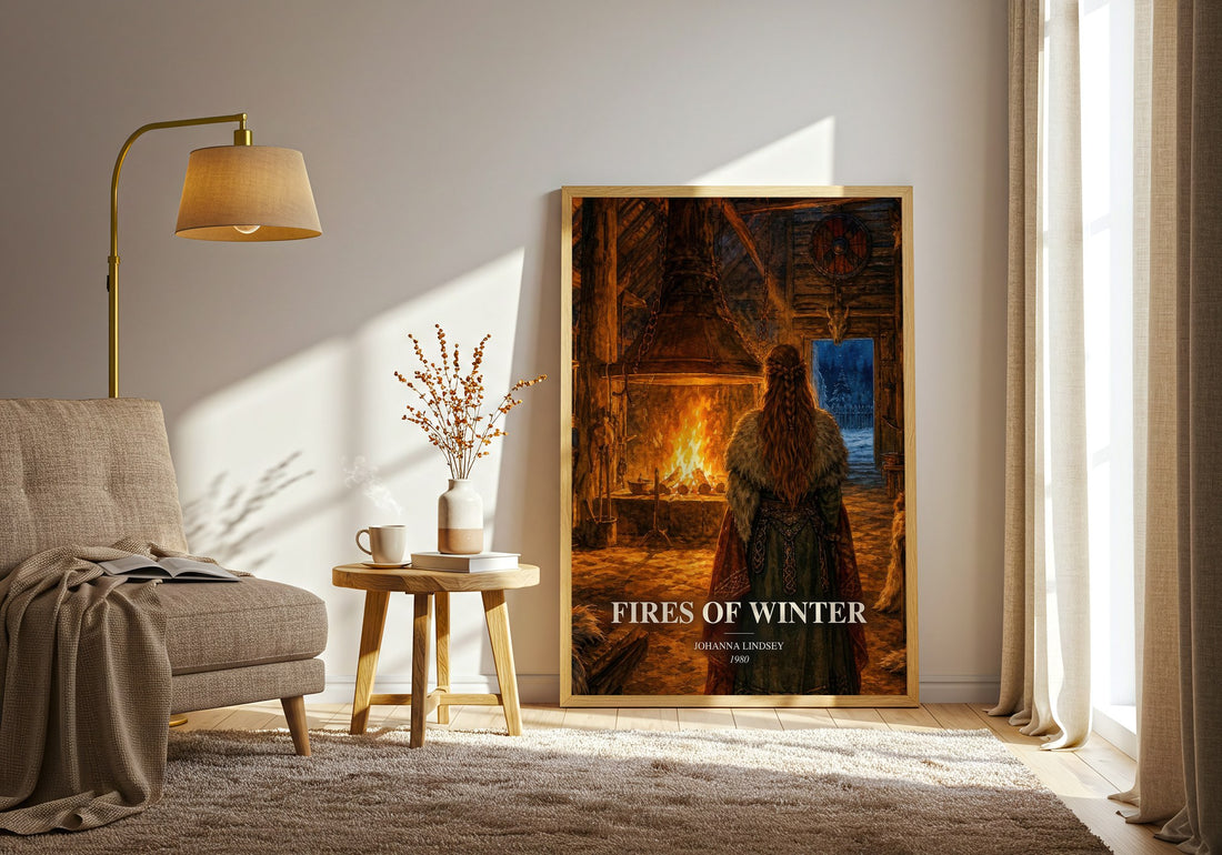 Fires of Winter watercolour print in frame leaning in hallway – romance wall art (mockup)