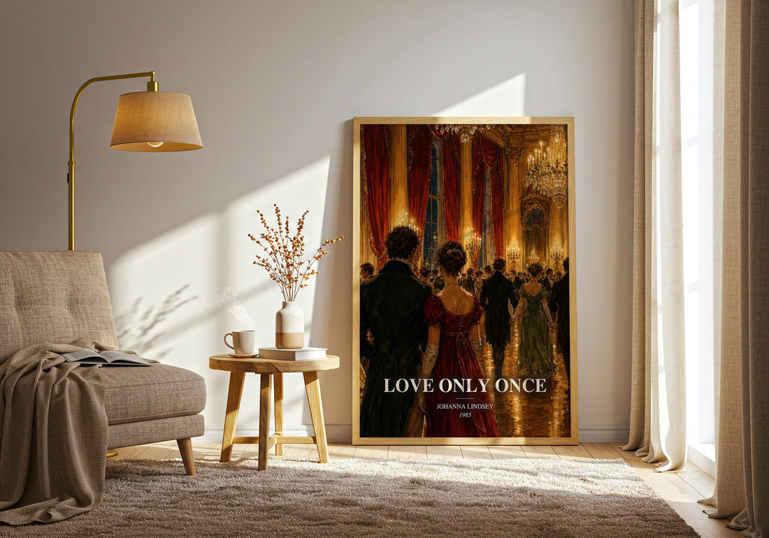 Love Only Once watercolour print in frame leaning in hallway – romance wall art (mockup)