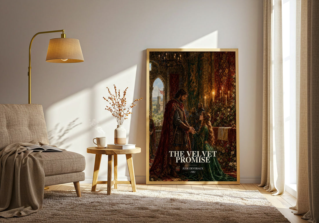 The Velvet Promise watercolour print in frame leaning in hallway – romance wall art (mockup)