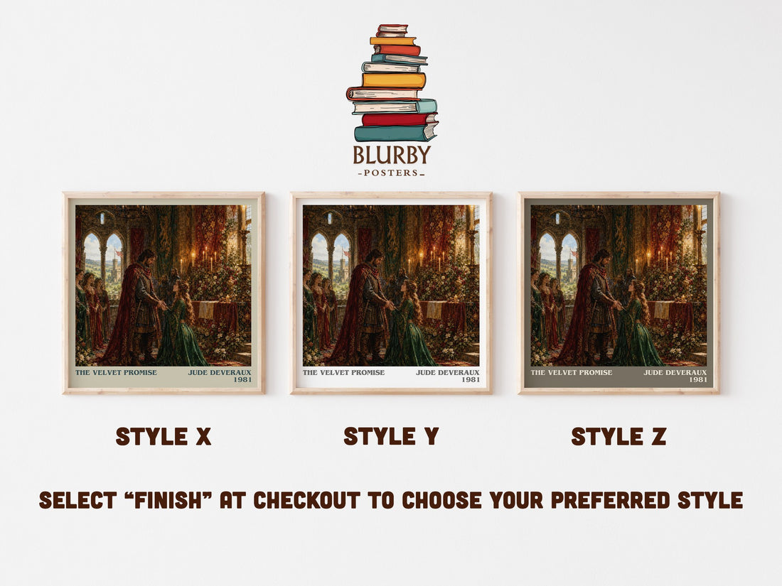 The Velvet Promise literary print in frame leaning in hallway – romance wall art (mockup)