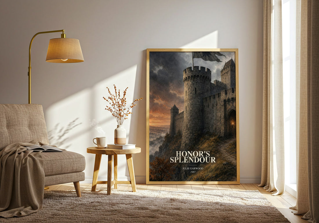 Honor's Splendour watercolour print in frame leaning in hallway – romance wall art (mockup)
