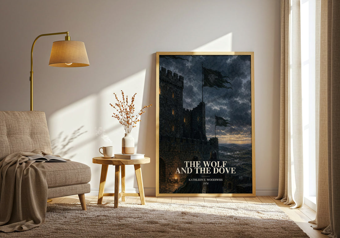 The Wolf and the Dove watercolour print in frame leaning in hallway – romance wall art (mockup)