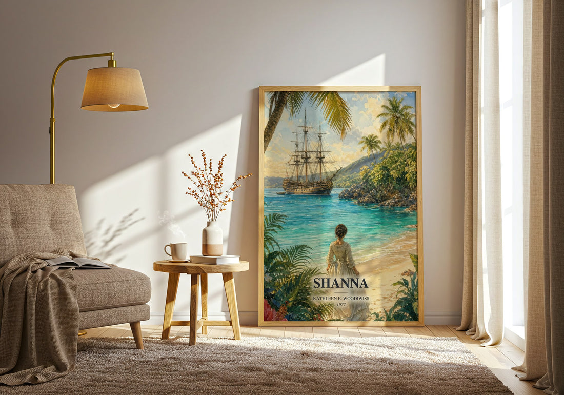 Shanna watercolour print in frame leaning in hallway – romance wall art (mockup)