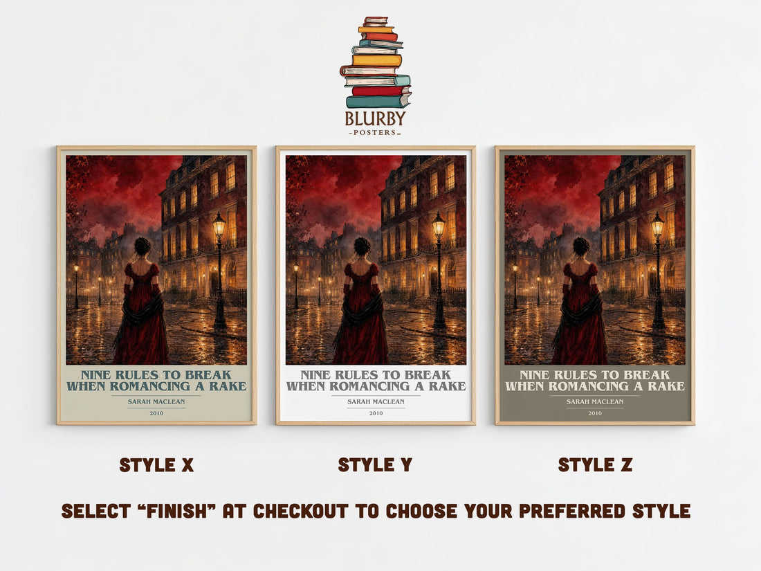 Nine Rules to Break When Romancing a Rake book cover print in frame leaning in hallway – romance wall art (mockup)