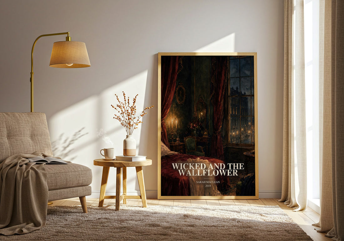 Wicked and the Wallflower watercolour print in frame leaning in hallway – romance wall art (mockup)