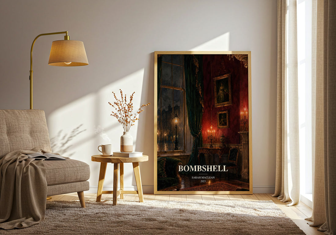 Bombshell watercolour print in frame leaning in hallway – romance wall art (mockup)