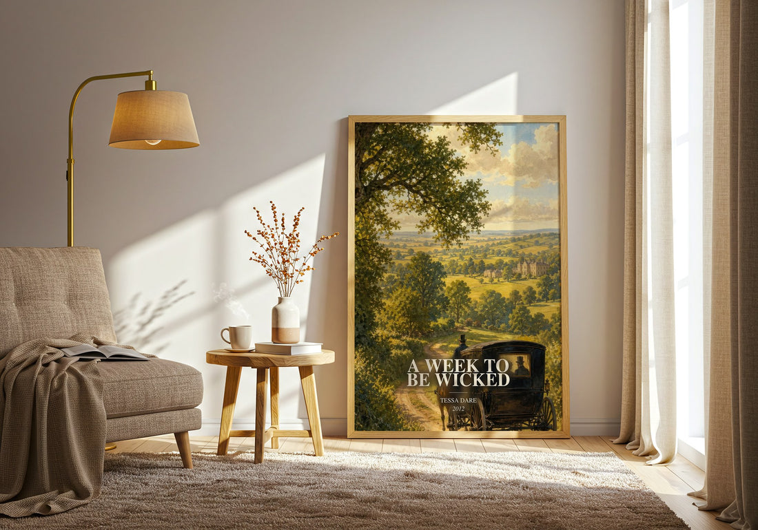 A Week to Be Wicked watercolour print in frame leaning in hallway – romance wall art (mockup)