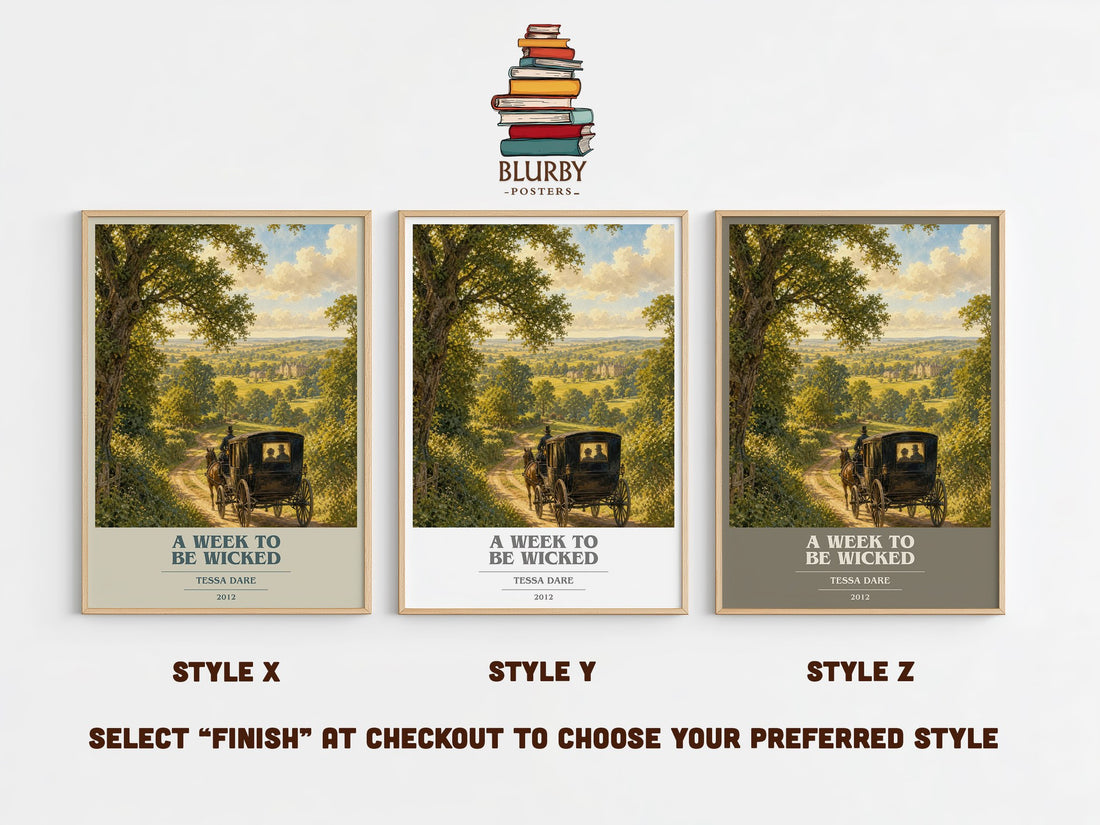 A Week to Be Wicked book cover print in frame leaning in hallway – romance wall art (mockup)