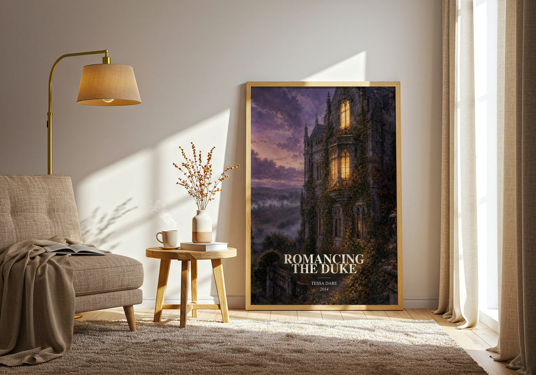 Romancing the Duke watercolour print in frame leaning in hallway – romance wall art (mockup)