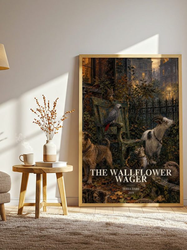 The Wallflower Wager watercolour print in frame leaning in hallway – romance wall art