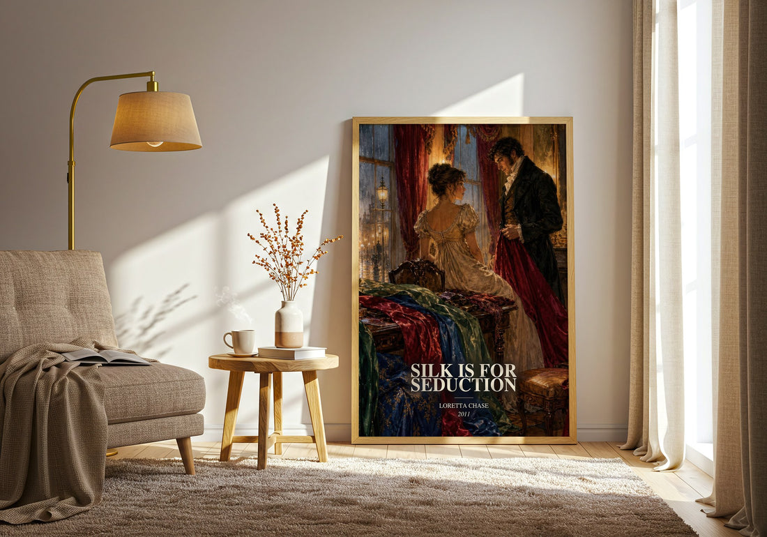 Silk Is for Seduction watercolour print in frame leaning in hallway – romance wall art (mockup)