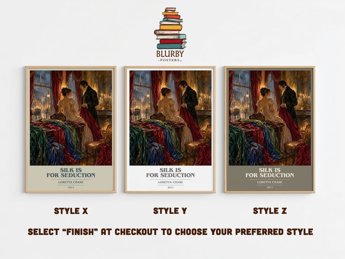 Silk Is for Seduction book cover print in frame leaning in hallway – romance wall art (mockup)
