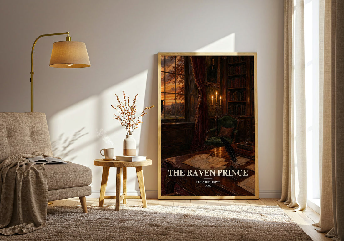 The Raven Prince watercolour print in frame leaning in hallway – romance wall art (mockup)