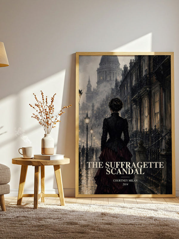 The Suffragette Scandal watercolour print in frame leaning in hallway – romance wall art