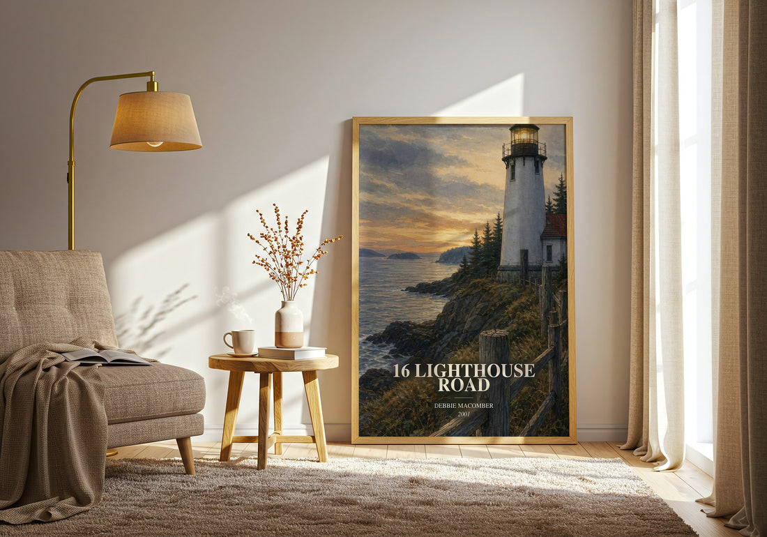 16 Lighthouse Road watercolour print in frame leaning in hallway – romance wall art (mockup)