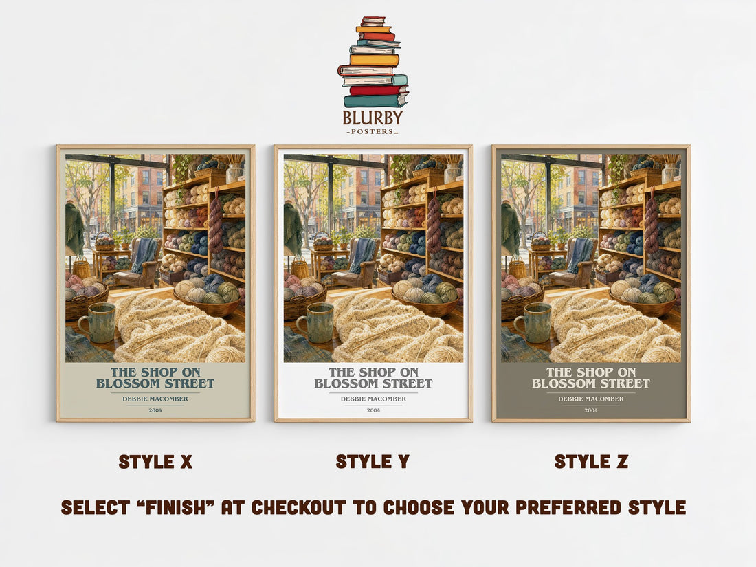 The Shop on Blossom Street book cover print in frame leaning in hallway – contemporary fiction wall art (mockup)