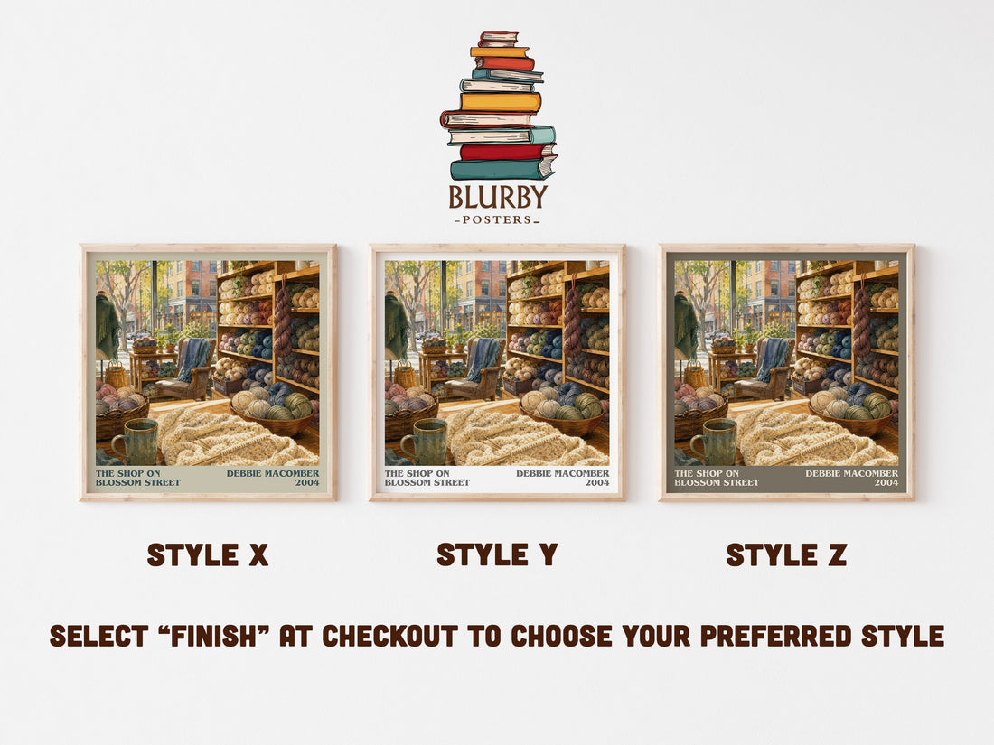 The Shop on Blossom Street literary print in frame leaning in hallway – contemporary fiction wall art (mockup)