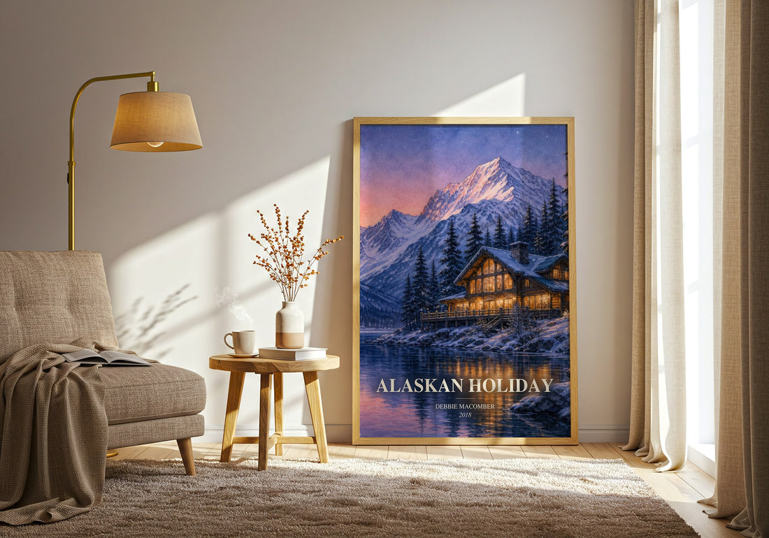 Alaskan Holiday watercolour print in frame leaning in hallway – romance wall art (mockup)