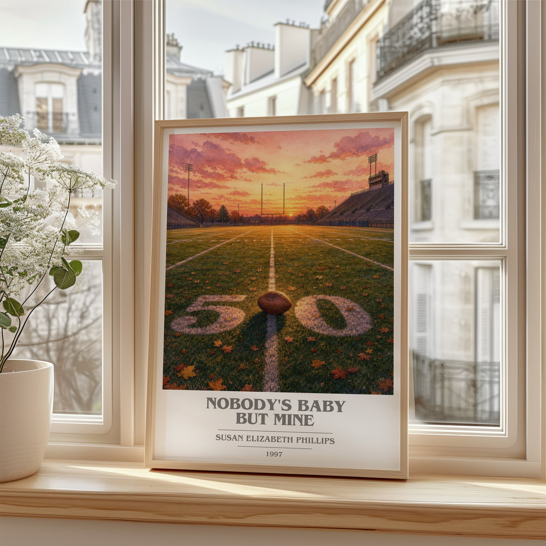 Nobody's Baby But Mine Book Cover Poster by Susan Elizabeth Phillips – framed print by a bright window