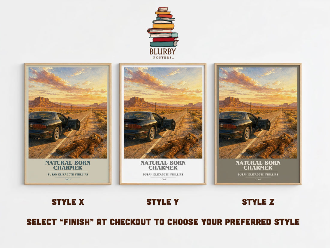 Natural Born Charmer book cover print in frame leaning in hallway – romance wall art (mockup)