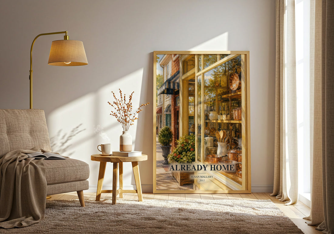 Already Home watercolour print in frame leaning in hallway – contemporary fiction wall art (mockup)