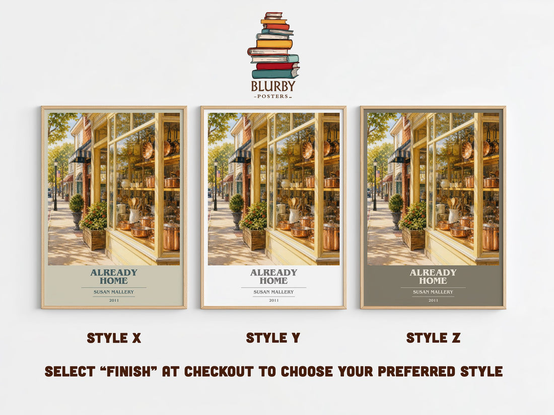Already Home book cover print in frame leaning in hallway – contemporary fiction wall art (mockup)