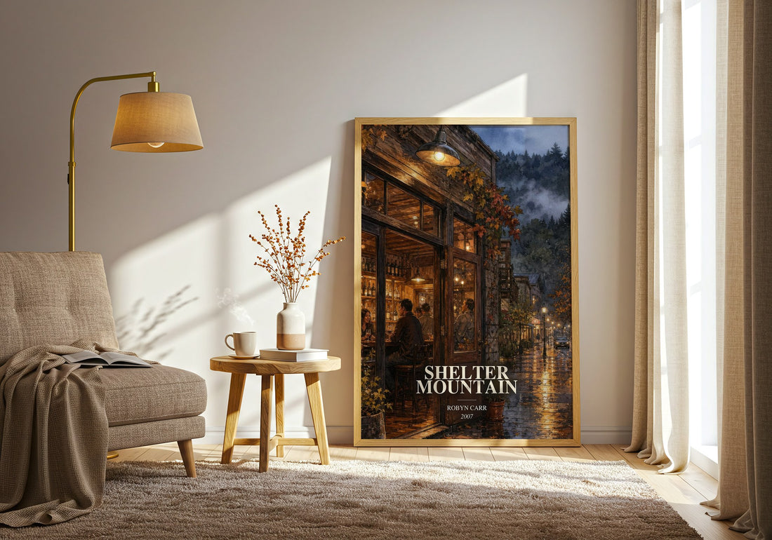 Shelter Mountain watercolour print in frame leaning in hallway – romance wall art (mockup)